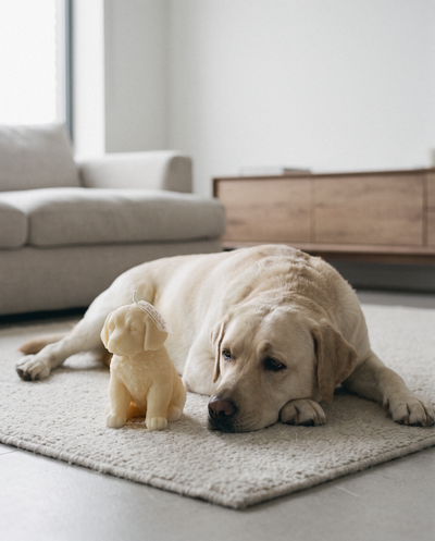 Labrador-Kerze neben einem echten Labrador – The House of Nocturne